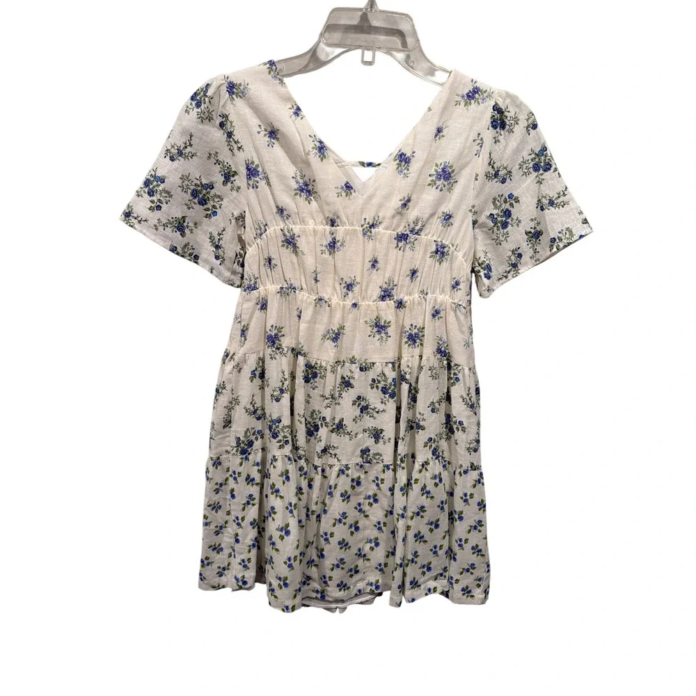 Zara Dress Cream Blue Floral Tiered Mini Cottagecore Puff Sleeve Girls 11-12Y